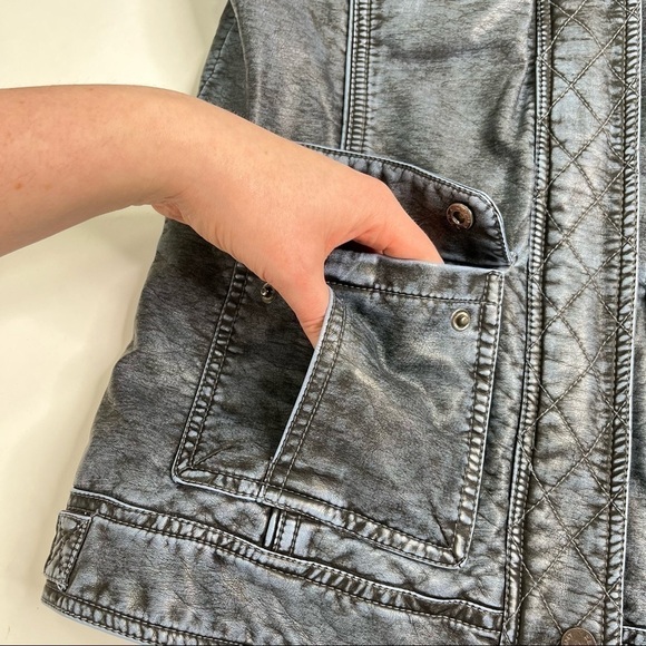 POINT ZERO Blue Acid Washed Vegan Leather Quilted Moto Style Collar Jacket Coat - Picture 9 of 15